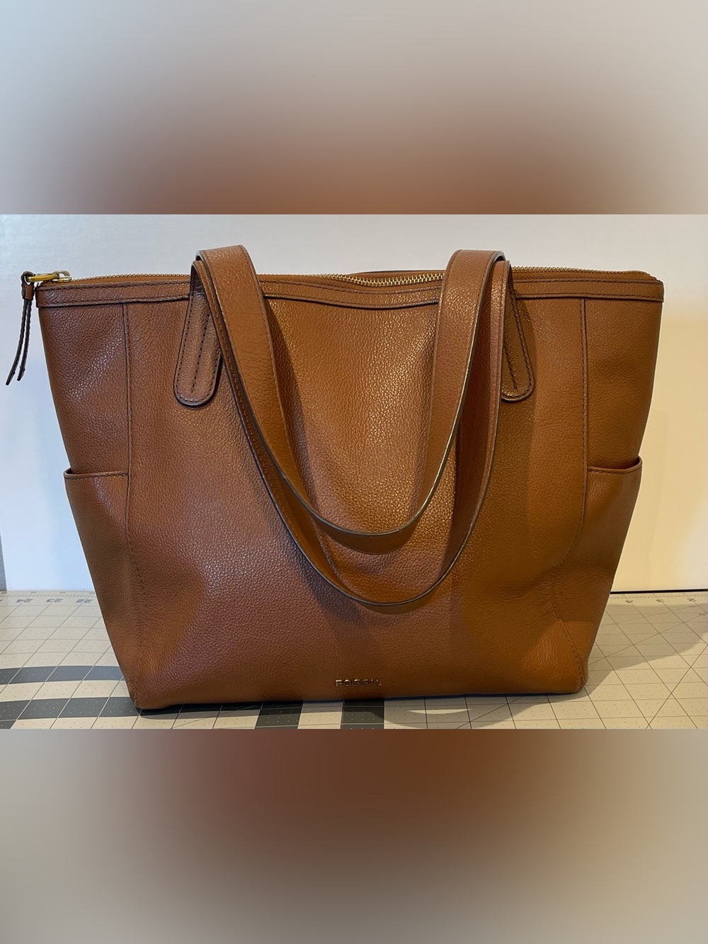 Fossil Brown Pebbled Leather Tote Bag Large Zip Top Shoulder Purse Gold Hardware
